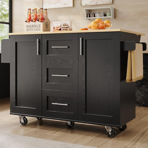 Kelodan Isola della cucina con divisori rimovibili, ruote come mobili da cucina, carrello da pranzo con banco da lavoro, buffet, venature del legno, portasciugamani laterale, nero