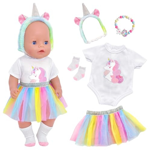 5 Stück Puppenkleidung 43cm 36cm 38cm, Buntes Pony Puppenkleid mit Tüll Strampler Stirnband Armband Socken für 14-18 Zoll Baby Puppen, Baby Kleidung 43 cm Puppenkleidung Puppenzubehör Geschenk Kinder