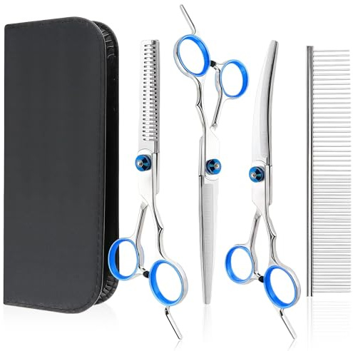 5 Pieces Dog Grooming Scissorsl, Professional Pet Grooming Scissor Set with Safety Round Tip, Heavy Duty Titanium Coated Pet Grooming Scissor, with a Storage Bag for Dogs, Cats, and Other Pets