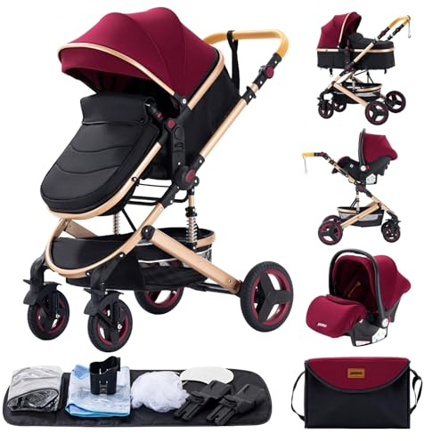 GLOKID 3 in 1 Prams Travel System, 0-4 Years, Foldable, Compact and Reclining Baby Pushchair, Aluminum Frame, Accessories, Nursery Bag (530 Red)