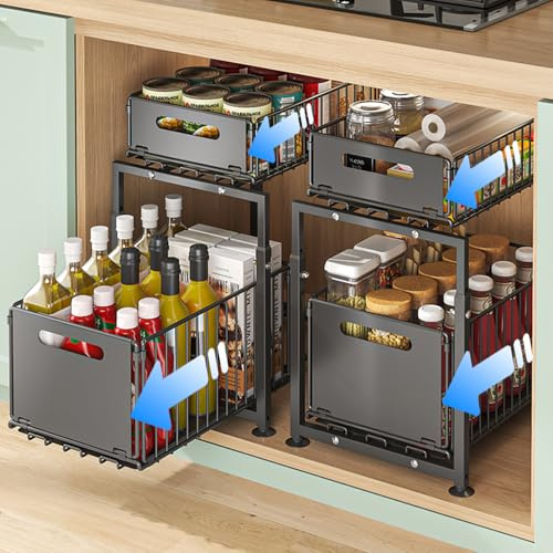 HABITELLO Organizador Bajo Fregadero Extraíble de Metal 2 Niveles, Almacenaje y Organización Multiusos para Cocina Baño Armario y Especias