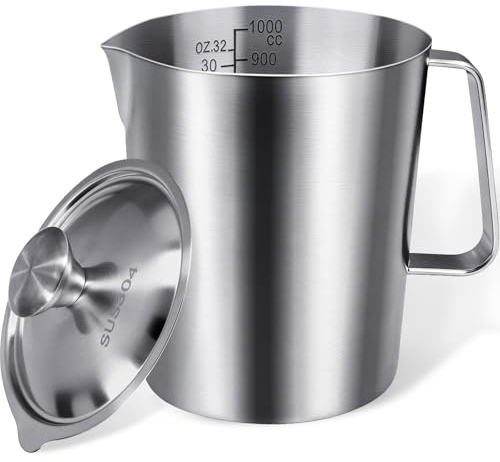 Messbecher Edelstahl 1000ml/32oz, ANVINKU 304 Edelstah Messbecher mit Deckel, Rührbecher, Measuring Cup mit Griff fur Milchkännchen, Kaffeekanne