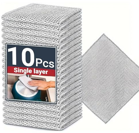 Nacvo 10 Pack Double-Layer Silver Mesh Dishcloth,Non-Scratch Wire Dish Cleaning Cloth,Multi-Purpose Reusable for Cookware,Tableware,Sink,Stove Wet and Dry Cleaning(20x20)