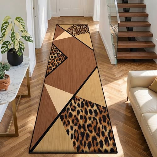 Modern Geometric Runner Rug 60x150cm, Leopard Hallway Runner, Minimalist Patchwork Long Carpet, Soft Low Pile Non Slip Machine Washable Rugs for Kitchen Bedroom Entryway Door Mat