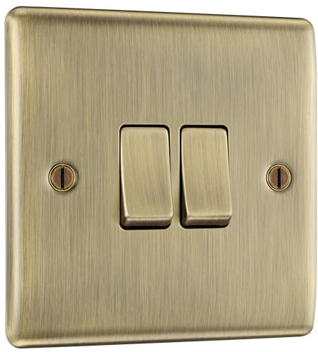 BG Electrical Double Wall Light Switch, 2 Way, Raised and Slim Profile, Round Edges, Nexus Metal, Antique Brass, 20A, 16AX, NAB42
