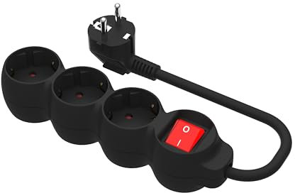 Simon - Base Múltiple, Regleta de Enchufe Plano, 3 Tomas de 16A, Ladrón de Enchufes con Toma de Tierra e Interruptor ON/Off, Cable de 1,5 Metros, Color Negro