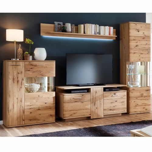 Lomadox Wohnzimmer Wohnwand 320cm Asteiche Bianco massiv geölt mit Highboard, Lowboard, Vitrine und Regal inkl. LED