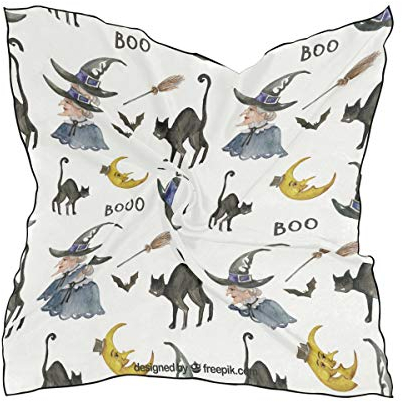 MONTOJ Damen Schal mit Cartoon-Motiv Katze und Hexe, groß, quadratisch