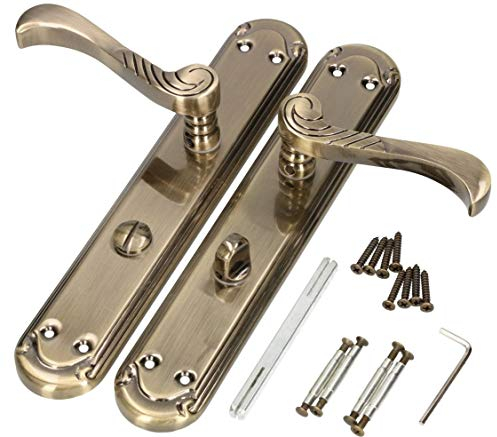 KOTARBAU® Juego de manillas para puerta, Manilla con pestillo para baño, 90 mm, Manijas de puerta de placa larga, 2 Manetas, Manillas para puerta interior y exterior, Picaportes, Kit de montaje, Cuero