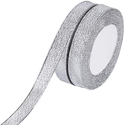 MOLSHINE 15mm x 45m (2 Rollen) Silber Organzabänder Schimmerndes, dünnes Glitzerband für Heimwerken,Basteln,Geschenkverpackung,Weihnachten Dekorative