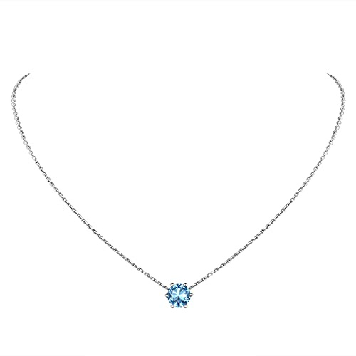 Suplight Damen 925 Silber Halskette Aquamarin Kette Geburtsstein März hellblau Zirkonia Runde Anhänger Minimalist Mondstein Kette 40+5cm/1,5mm Kristall Schmuck für Freundin