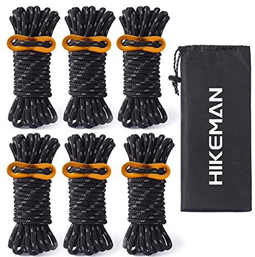 HIKEMAN 5mm Reflektierend Abspannseile Seil - Schnüre Seile Leichte Abspannleine Zeltschnur mit Aluminum Seilspanner für Zelt Zeltplane Camping (Schwarz)