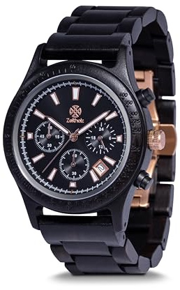 Zeitholz Reloj de Madera Hombre Reloj Cronómetro Bergen, Fabricado con Madera de sándalo Negra 100% Natural. Incorpora función de cronógrafo y Calendario mensual (Negro)