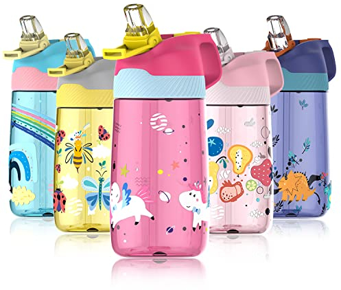 Fjbottle Trinkflasche Kinder Flasche mit Strohhalm 450ml aus Tritan Plastik - 1-Klick-Öffnung - Auslaufsichere BPA FREI Leicht Wasserflasche Kinderflasche in Schule/Kindergarten