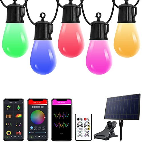 Guirnalda Luces Exterior Solare Inteligentes, Luminosas Exterior Jardin de Control Remoto 15M 25 S14 LED Bombilla, Regulable RGB Música, 20 Modos De Iluminación Luces Colgantes IP65 Impermeable