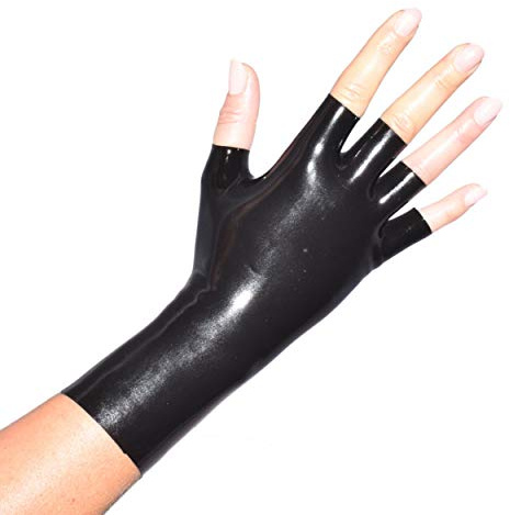 Rubberfashion Latex Handschuhe kurz - Latexhandschuhe - kurze fingerlose Handschuhe bis Handgelenk für Damen und Herren Schwarz 0.4mm M