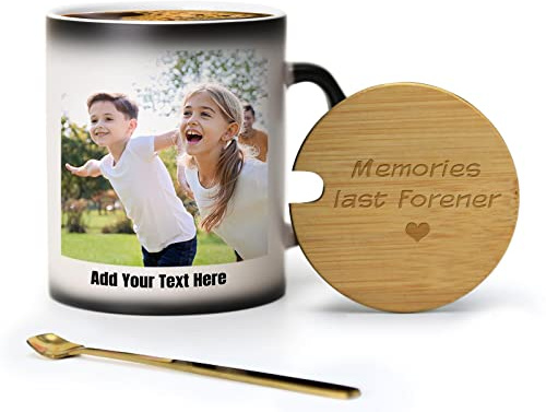 MUGKISS Tasse à café personnalisée de 355 ml avec texte personnalisé et photos apparaissant sur les deux côtés avec liquide chaud (A 10oz lid)