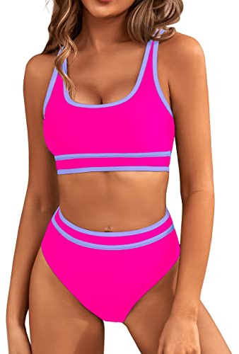 BMJL Womens High Waisted Bikini Sets Sporty Two piece Swimsuits(L,Hot Pink)