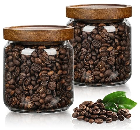 piconesper 2PCS Small Glass Storage Jars with Airtight Lids, 17 fl oz (500ml) coffee container with Wooden Lid, Glass Pantry Canister for Beans, Rice, Sugar and etc