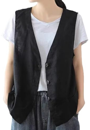 IDEALSANXUN Cotton Linen Vests for Women Fashion Dressy Casual Sleeveless Blazers Lightweight Jacket Waistcoat Vest(Black, XXL)