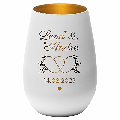 4you DESIGN Windlicht zur Hochzeit personalisiert, 2 Herzen Ineinander, 2 Namen, Datum graviert (Metall-Weiß-Gold), Hochzeitsgeschenk für das Brautpaar, Teelichthalter zur Trauung, Jahrestag, Jubiläum