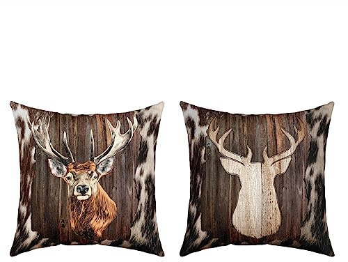 2er Set Kissenbezüge Hirsch Kissenbezüge 50x50cm Hirsch Jagd Kuhfell Dekokissen für Wohnzimmer Sofakissen Couchkissen Dekor Kissenbezug Umkehrbar Western Bauernhof Tier Haut Braun Dekor Kissenhülle