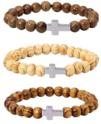 Manfnee 3-4pcs Kreuz Armband 8mm Holzperlen Männer Frauen Phantasie Armband Elastisch Kruzifix