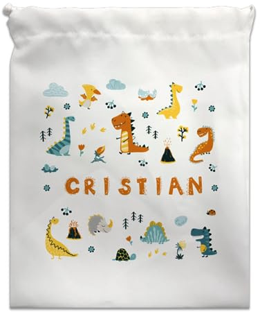 CUAC REVOLUTION Bolsa de merienda personalizada diseño dinosaurios y texto personalizado. Bolsa merienda infantil. Bolsa para almuerzo. Bolsa almuerzo infantil. Ideal para el cole y guarderías.
