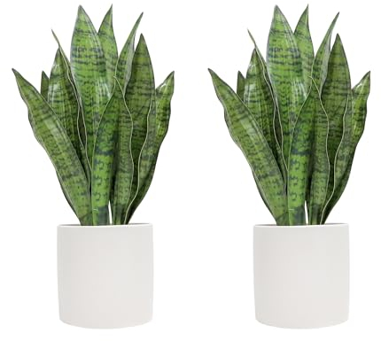 Anewsun Künstliche Schlangenpflanze, 2 Stück, 45,7 cm, künstliche Schlangenpflanze mit reinweißen Keramiktöpfen, künstliche Sansevieria für Heimdekoration, Innenbereich, Büro, Wohnzimmer,