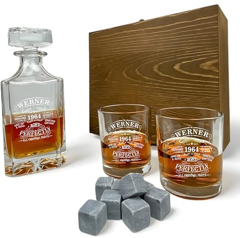 Whisky Geschenk Set Karaffe 700 ml und Gläser mit Gravur verschiedene Motive personalisiert Holzbox Whiskey Glas Dekanter (Motiv 6: Limited Edition, Karaffe + 6 Gläser)