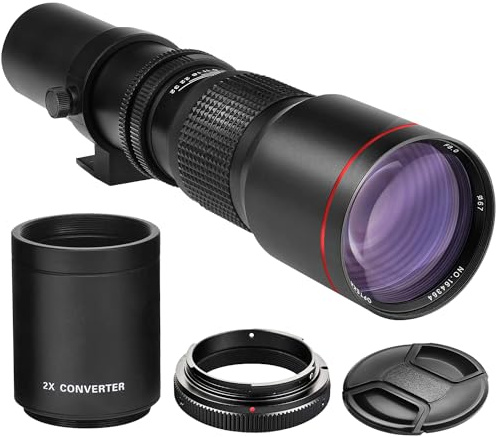 Téléobjectif Manuel Haute Puissance 500 mm/1000 mm f/8 pour Nikon D500, D600, D610, D700, D750, D800, D810, D850, D3100, D3200, D3300, D3400, D3500, D50000 D520. 0, D5300, D5500, D5600 D7200 D7500
