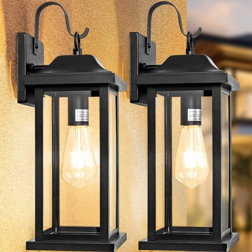 Roravilila 2-Pack Large Outdoor Light Fixtures IP65 Waterproof, Exterior Matte Black Sconces Wall Lighting Anti-Rust Porch Lights Outdoor with Clear Glass 17” Outside Modern Wall Lanterns for House