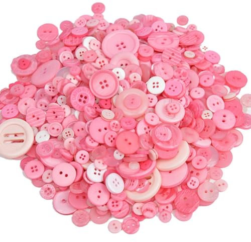 Hrlace 600 Stück Bunte Knöpfe Kunststoff Bastelknöpfe Puppenknöpfe Kinderknöpfe Runde Craft Harz Knöpfe mit Löcher Gemischte Farben und Größen Knöpfe für DIY Nähen Painting Geschenk Deko Rosa