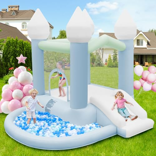 Castillo Hinchable Blanco para Niños con Soplador, Castillo Hinchable Interior Exterior con Tobogán, Trampolín, Gran Piscina de Bolas, para Boda Fiesta Cumpleaños, para 3-10 años, hasta 140 kg