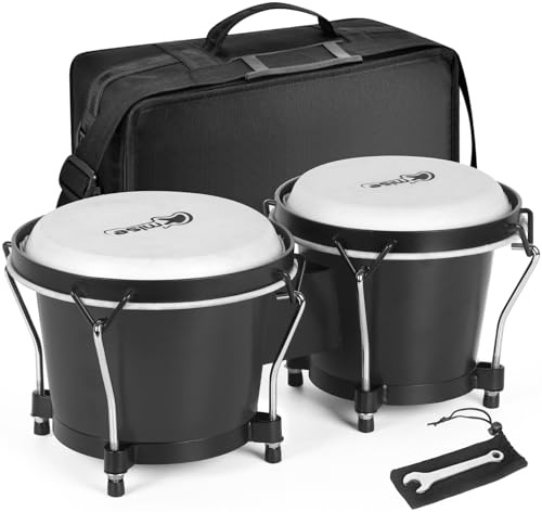 lotmusic Bongo Drums 6” and 7”, Black Wooden Percussion Instrument Bongos for Adults Beginners,Hand Drum with Carry Bag and Tuning Wrench for Education and Practice