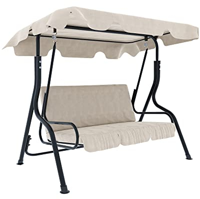 Dondolo 3 Posti Con Cuscini Imbottiti Tettuccio Parasole Regolabile Struttura In Acciaio Verniciato Robusto Da Giardino Esterno Balcone Terrazzo 170 x 110 x 153 Cm (Beige e marrone)