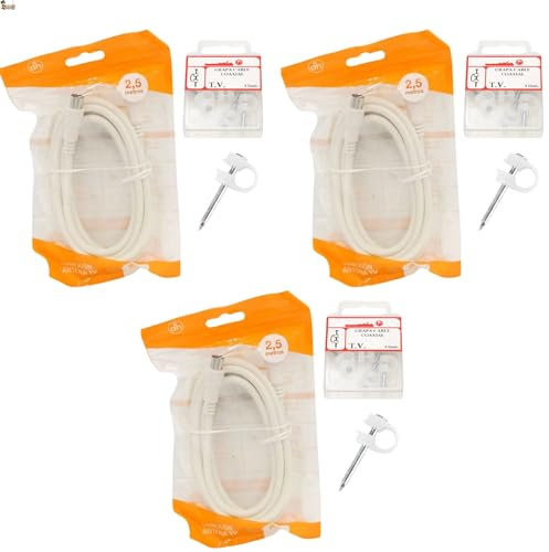 BricoLoco.com Cavo antenna TV connettore con graffette. Bianco 2,50 m. + 8 graffette. RG-59 75 Ohm coassiale in rame con graffetta chiusa a televe. Spina di ingresso maschio e uscita femmina (3 Packs)