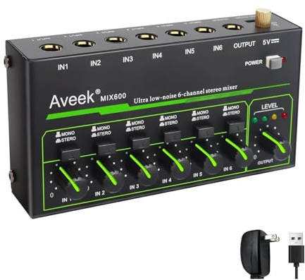 Aveek Mini Audio Mixer, Extrem Rauscharmer 6 Kanal Stereo Line Mischer | Stereo Mixer mit 1/4 TRS Ein und Ausgängen, Stereo/Mono Umschaltung für Gitarre, Keyboard, Bass und Aufnahmen