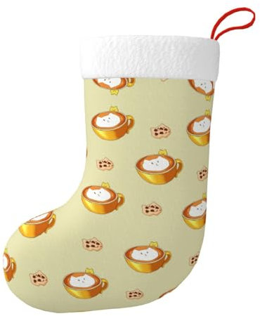 WHJYYXDE Dekorativer Weihnachtsstrumpf – perfekt zum Dekorieren von Büros, Bäumen, Kaminen, Cartoon-Katze, Kaffee bedruckt