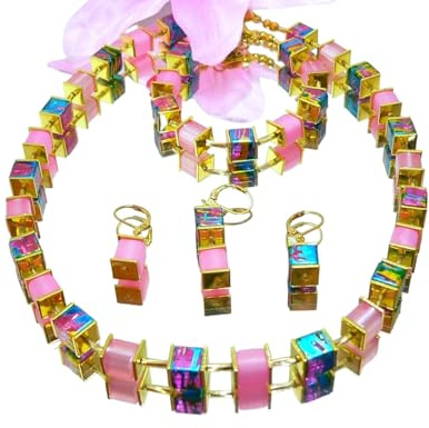 Generisch Halskette, Kette, Collier Armband Ohrringe Schmuck Set Glas Würfel Polaris Edelstahl, Stifte Twist Mehrfarbig Rosa, Pink, Türkis, Gold