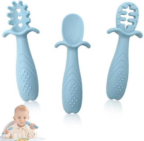 Yistoi 3 Pezzi Cucchiaino Svezzamento, Cucchiaio Didattico per Bambini in Silicone, Cucchiaio Svezzamento, Posate Bambini Forma Carina e Bella, per Bambini Che Imparano a Nutrirsi da Soli
