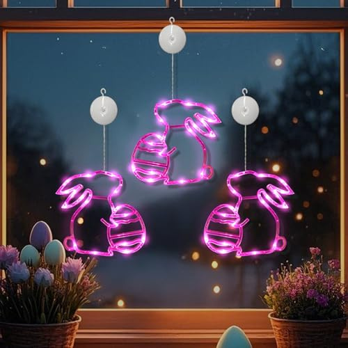 Recitem Osterdeko Fenster Licht, 3 Stück Osterhasen Deko Fenster Lichterkette Batteriebetriebene, Ostern Deko Hängende Lichterkette mit Saugnapf, LED Lichterkette für Ostern Heimdeko (Set 2)