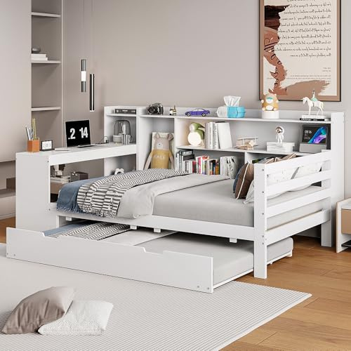 Soweiz Multifunktionales Holzbett, Schlafsofa aus Massivholz, 90x200 cm, Mit Schreibtisch Bücherregalen Ablagefächern und Regalen, Mit Steckdose, Unterbett mit ausziehbarem Bett, Weiß