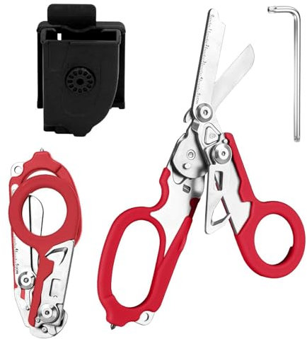 Rettungsschere Trauma Schere 6 in 1 Faltbar Trauma Schere Notfallschere Verbandsschere Mit K-Schutzhülle, Schraubenschlüssel für Professionelle Rettungsdienste, Outdoor Camping (Rot)