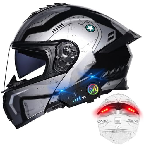 BYGMWEP Motorradhelm mit Bluetooth, Klapphelm mit Rücklicht, Modulare Helm, ECE Zertifiziert Integralhelm mit Doppelvisier, mit Eingebautem Mikrofon für Erwachsene Frauen Männer M~XXXL