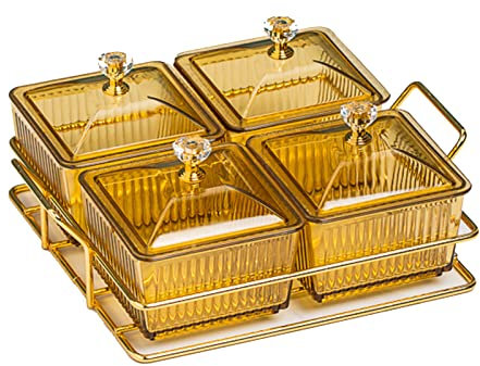 Plats de service à 4 compartiments avec couvercles amovibles pour fruits, apéritifs, desserts et bonbons – Parfait pour les fêtes et les rassemblements Doré