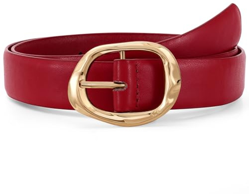 JASGOOD Women Leather Belt for Jeans Pants Ladies Casual Waist Belt Fashion Women Belt with Gold Buckle，Red