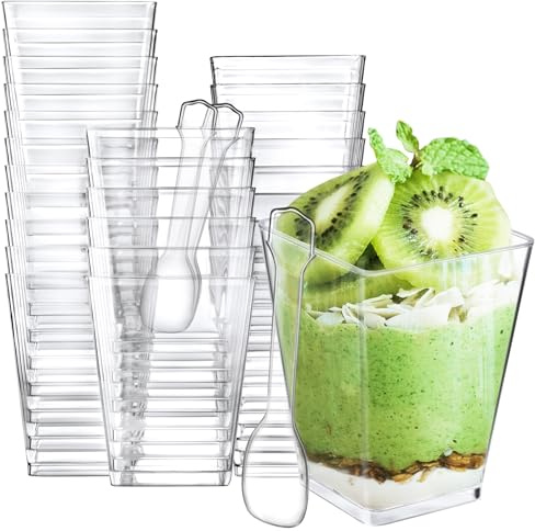 Eupako 50 Stück 160 ml Klare dessertgläser plastik mit Löffel | Quadratische Mini, Parfait-Becher, für DlY Desserts Obst Pudding Mousse Eiscreme, Party, Hochzeit