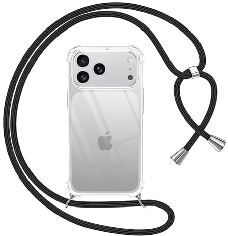 Pnakqil Handyband für iPhone 17 Pro Hülle mit Band, Transparent Weich Silikon mit Kordel Necklace Schnur Anti-Fall Bumper Schutzhülle Case Kompatibel mit iPhone 17 Pro 6,3, Schwarz