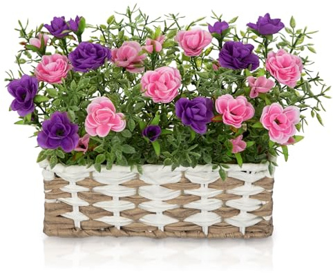 Arborus Artificial Flower Arrangement in Woven Basket Realistic Silk Rosa Flowers in Pot Faux Floral with Greenery Small Potted Artificial Plant for Table Centrepiece Kitchen Windowsill Home Decor